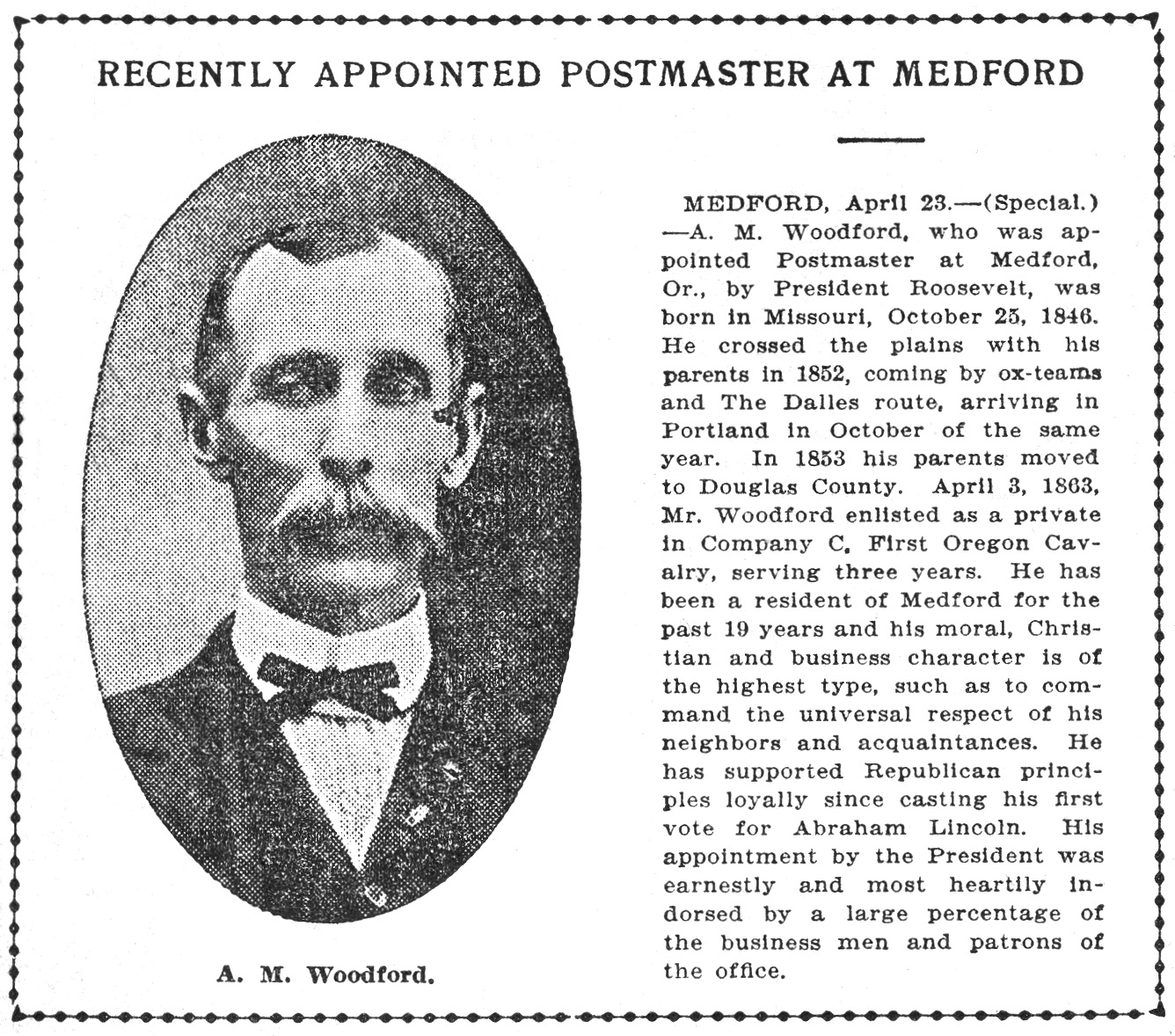 Postmaster A. M. Woodford, April 25, 1904 Oregonian