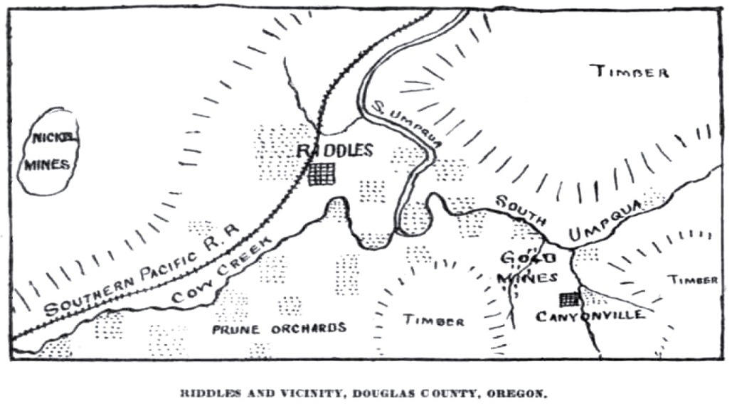 A Canyonville area map from the January 17, 1903 Oregonian, showing the route of the railroad and the Canyonville mines. The Canyon is directly south of Canyonville.
