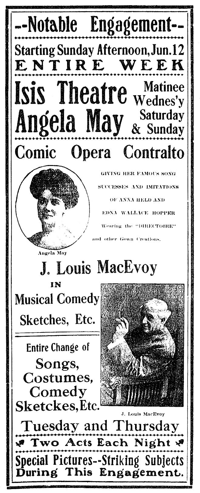 Isis Theater ad, 1910-6-12MMT