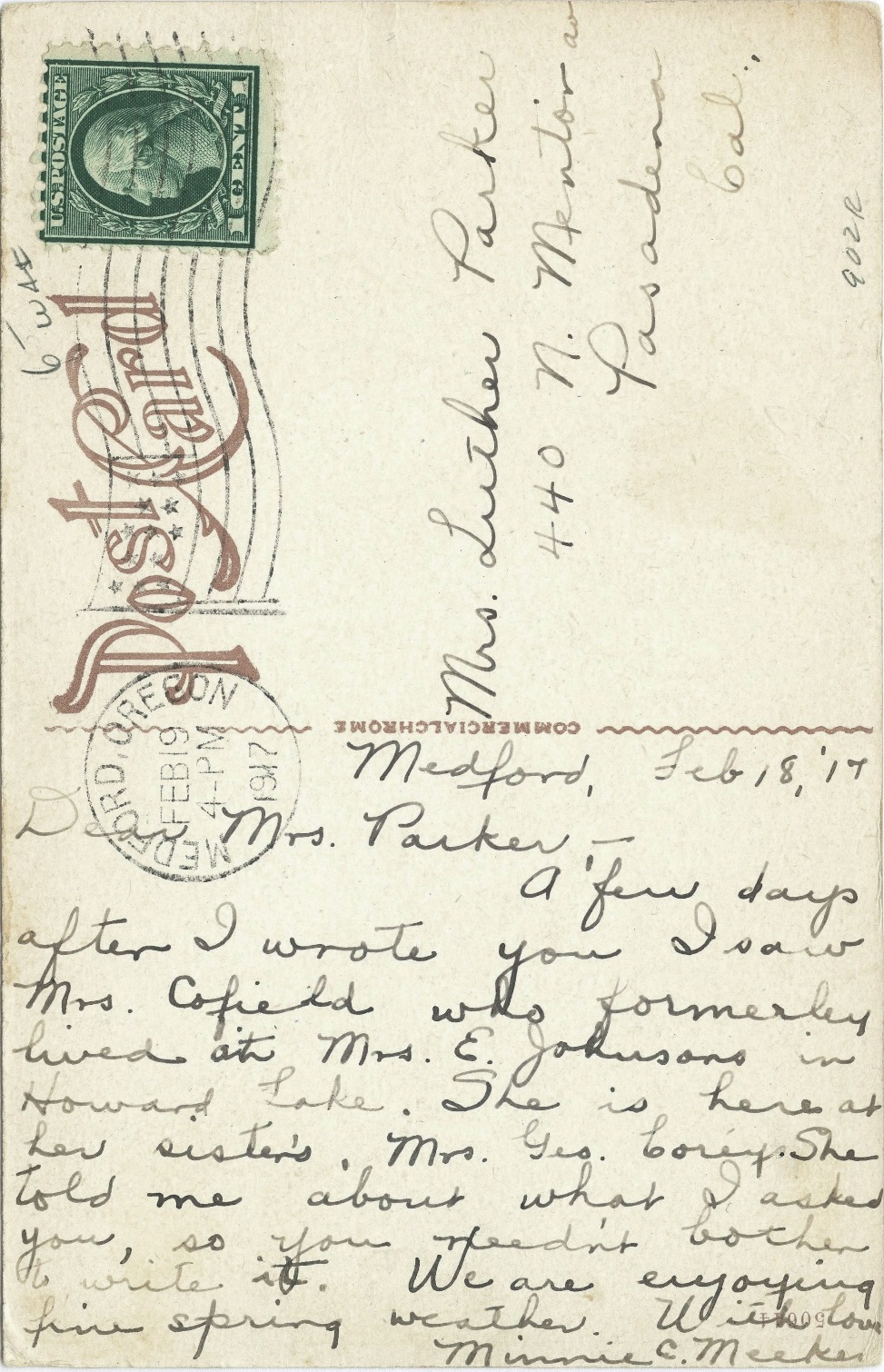 Postcard from Minnie Meeker, February 1917
