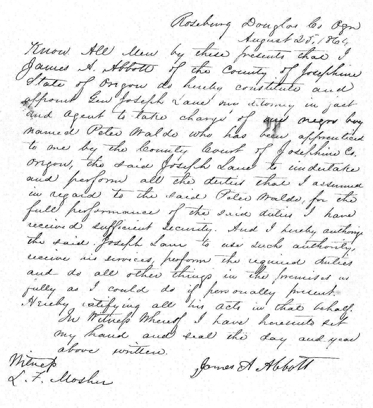 Peter Waldo indenture, August 1864