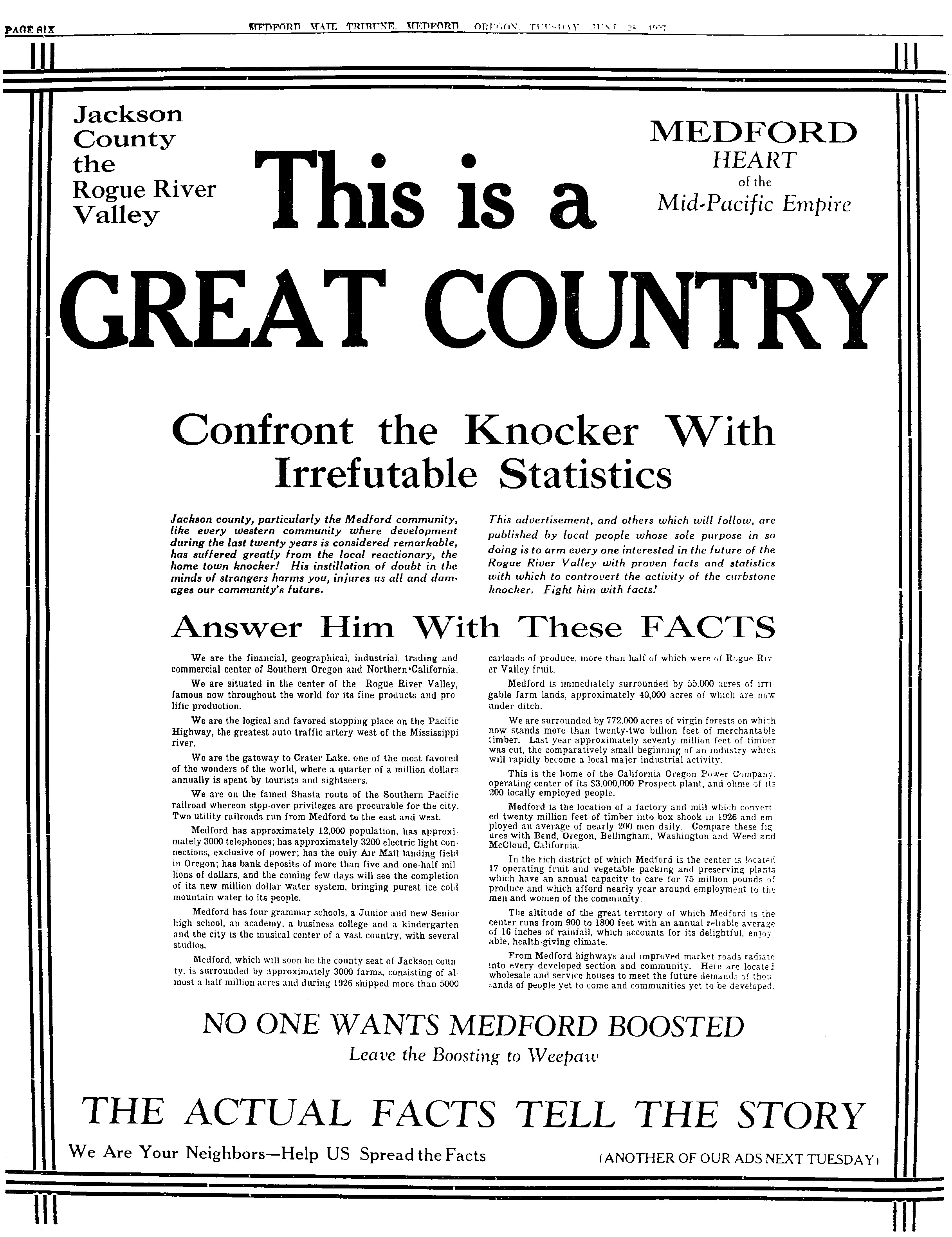 Medford Mail Tribune, June 28, 1927