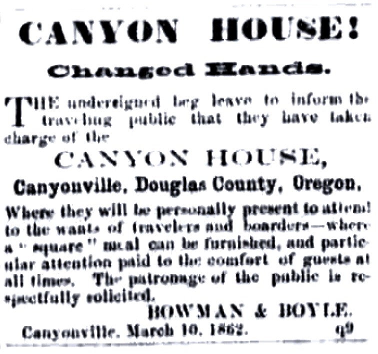 Canyon House ad, May 31, 1862 Oregon Sentinel, Jacksonville