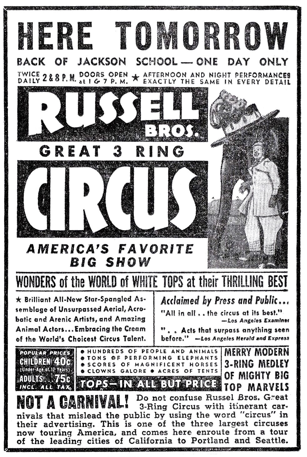 Russell Bros. Circus ad, June 23, 1942 Medford Mail Tribune