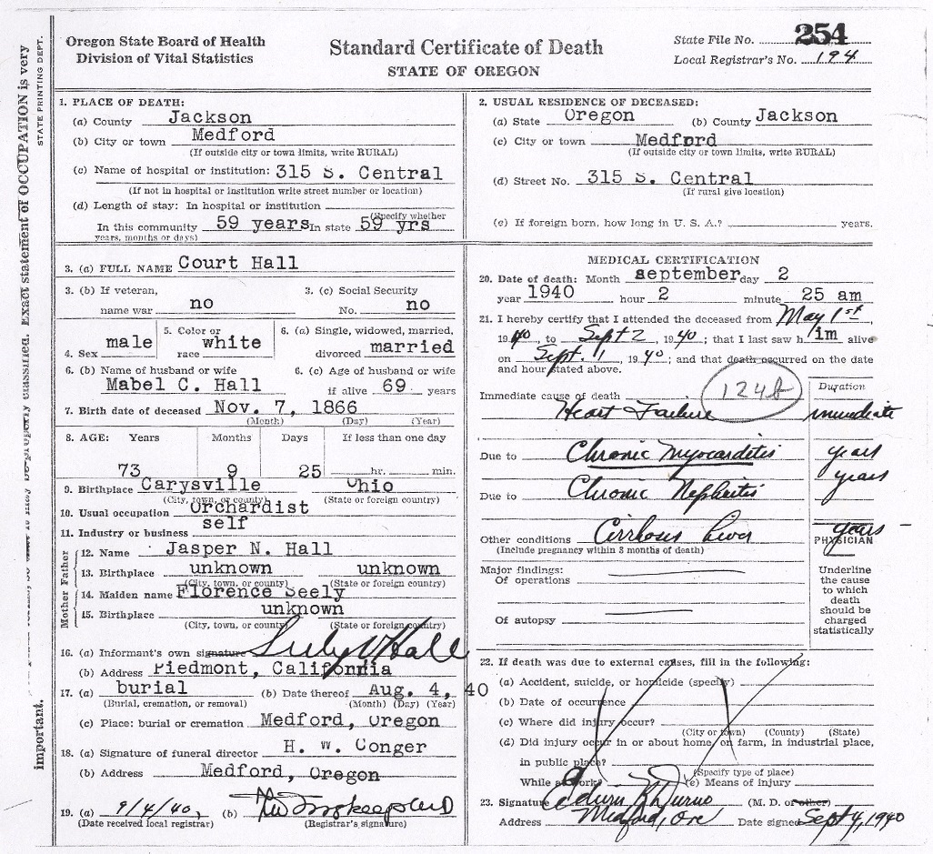 Court Hall death certificate, September 2, 1940