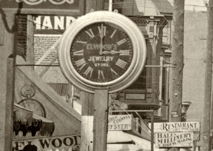 E. D. Elwood's clock (and awning) on East Main, 1903