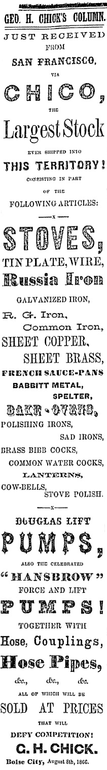 George H. Chick ad, September 18, 1866 Idaho Statesman