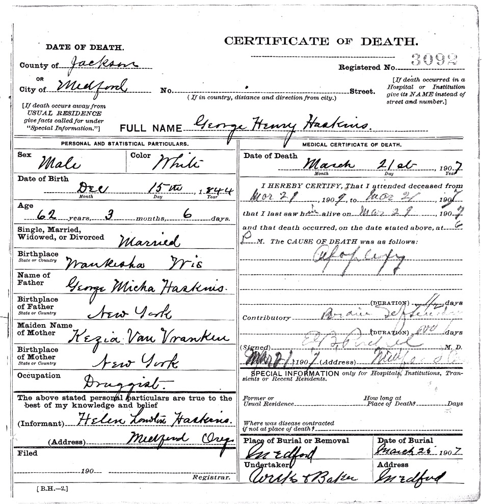 G. H. Haskins death certificate, March 21, 1907