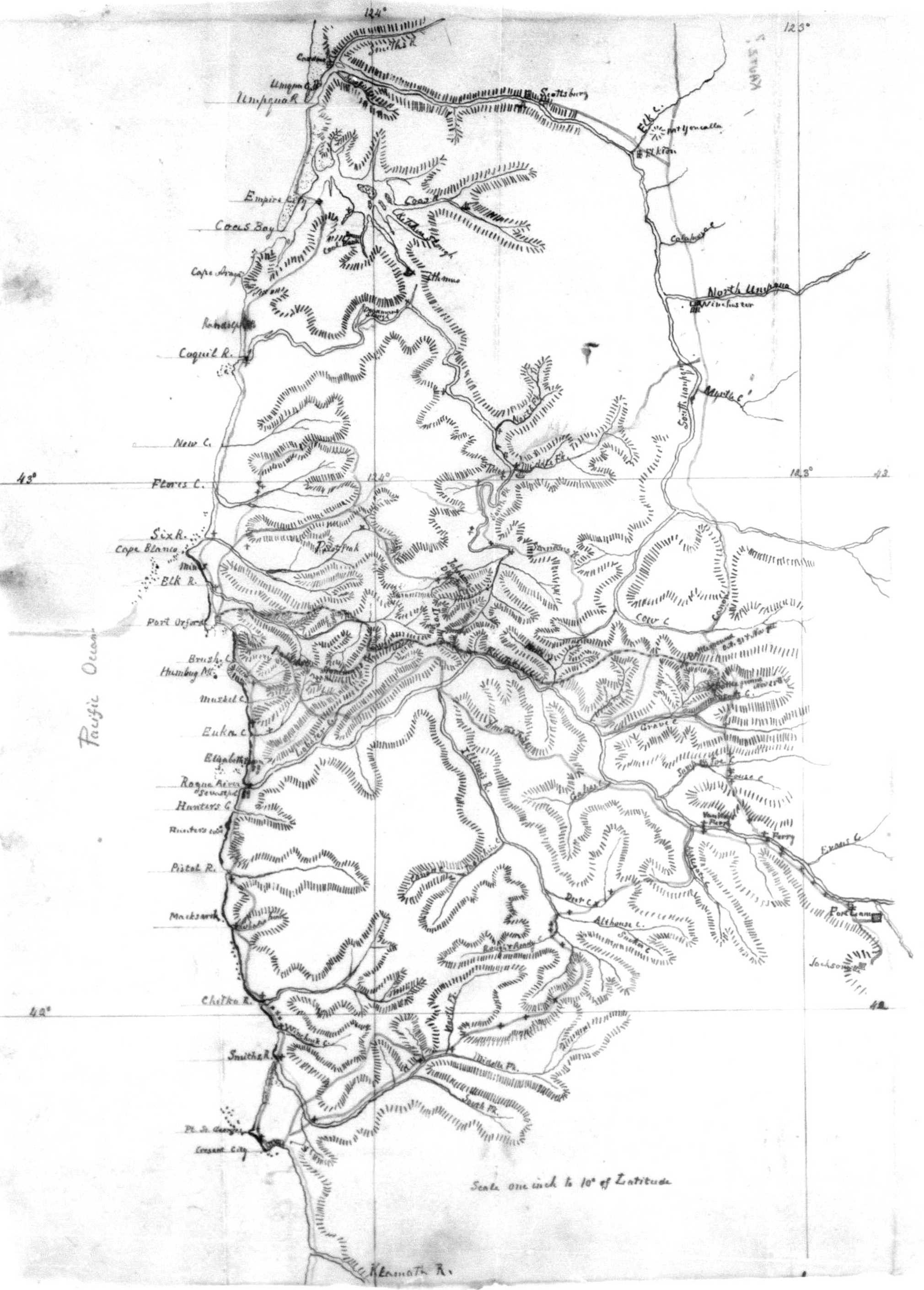 August Kautz' map of Southern Oregon and the Hungry Hill battle site, December 1, 1855