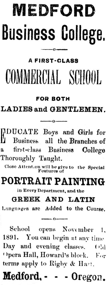 Medford Business College ad, January 22, 1892 Democratic Times