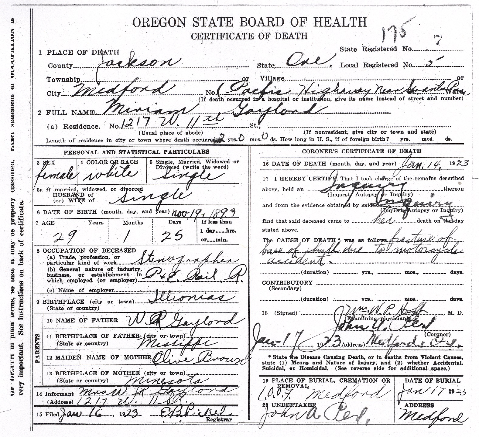 Miriam Gaylord death certificate, January 14, 1923
