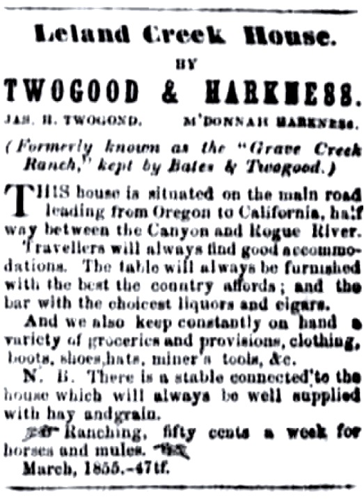 Twogood & Harkness ad, May 12, 1855 Umpqua Weekly Gazette
